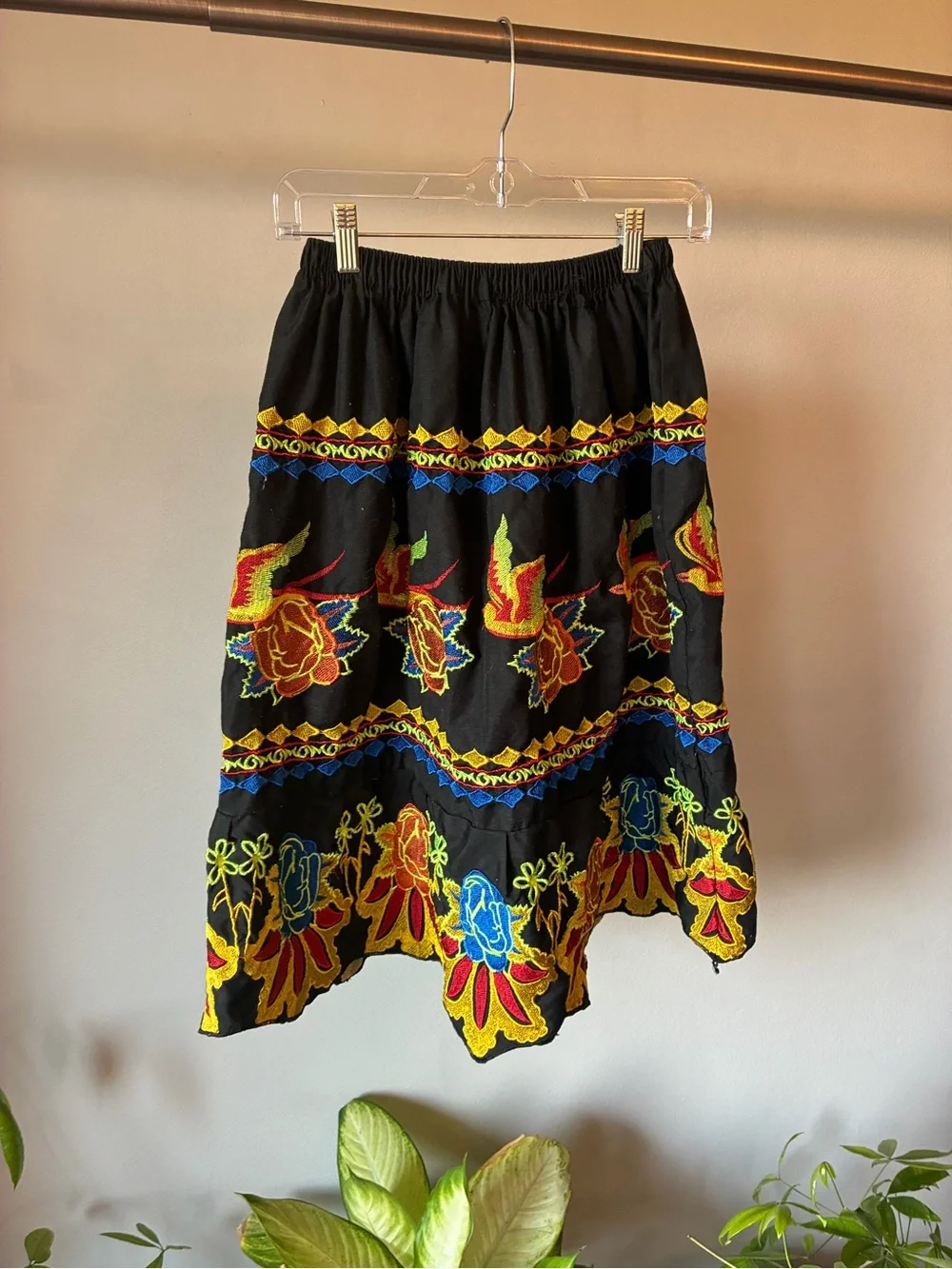 Black Embroidered Boho Midi Skirt – Fits Medium